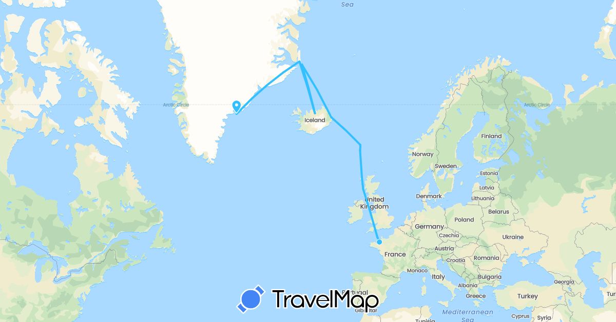 TravelMap itinerary: driving, boat in Faroe Islands, France, United Kingdom, Guernsey, Greenland, Iceland (Europe, North America)